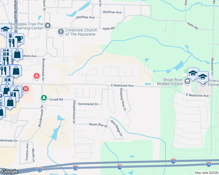 map of restaurants, bars, coffee shops, grocery stores, and more near 204 Limestone Circle in Crestview