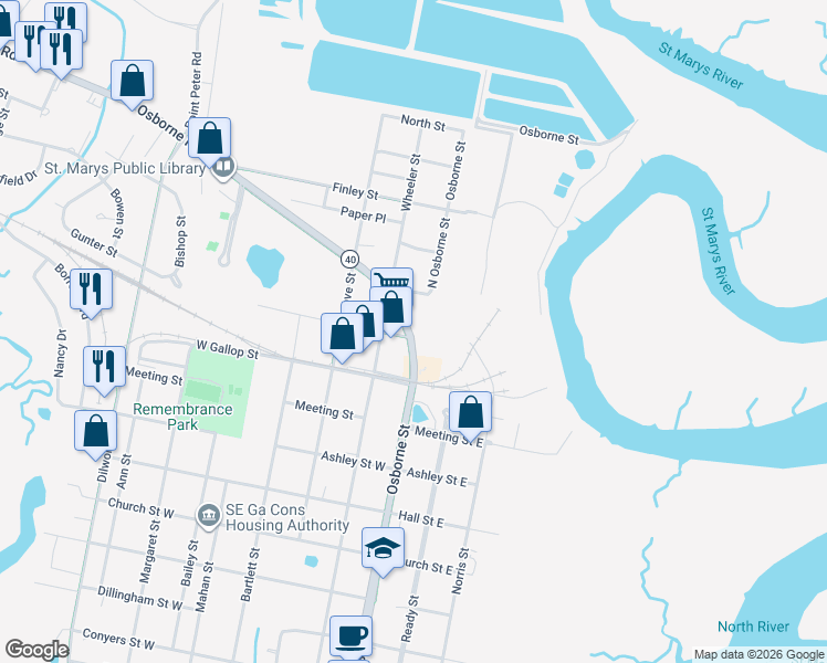 map of restaurants, bars, coffee shops, grocery stores, and more near 1508 Osborne Street in St. Marys