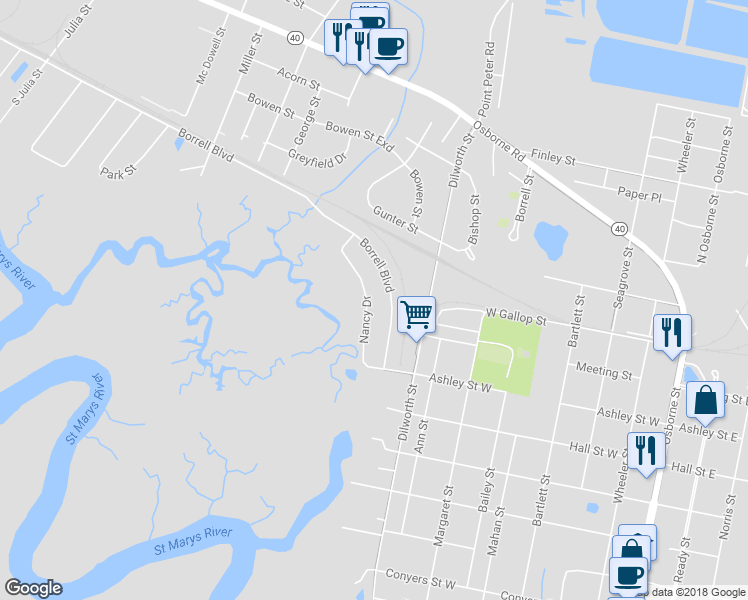 map of restaurants, bars, coffee shops, grocery stores, and more near 108 Nancy Drive in Saint Marys