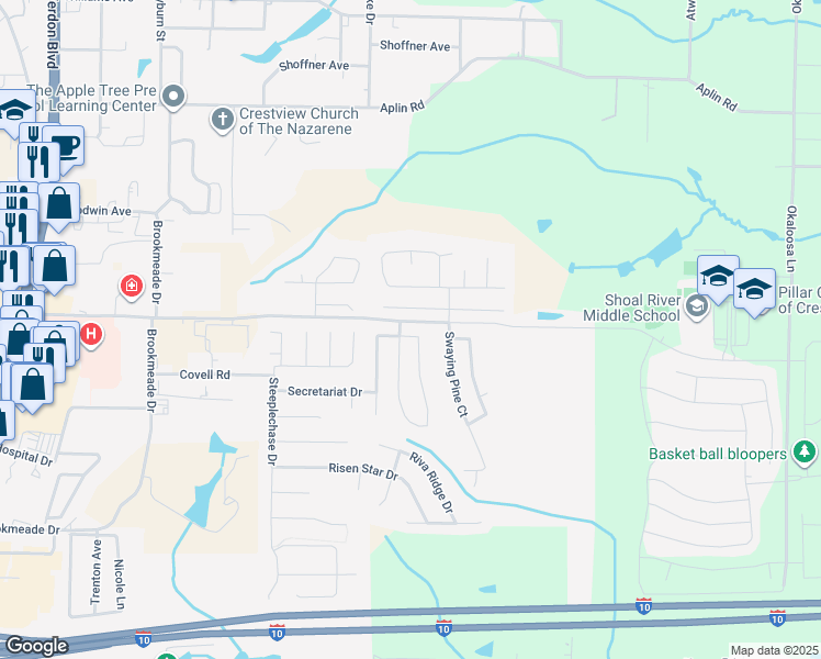 map of restaurants, bars, coffee shops, grocery stores, and more near 204 Limestone Circle in Crestview