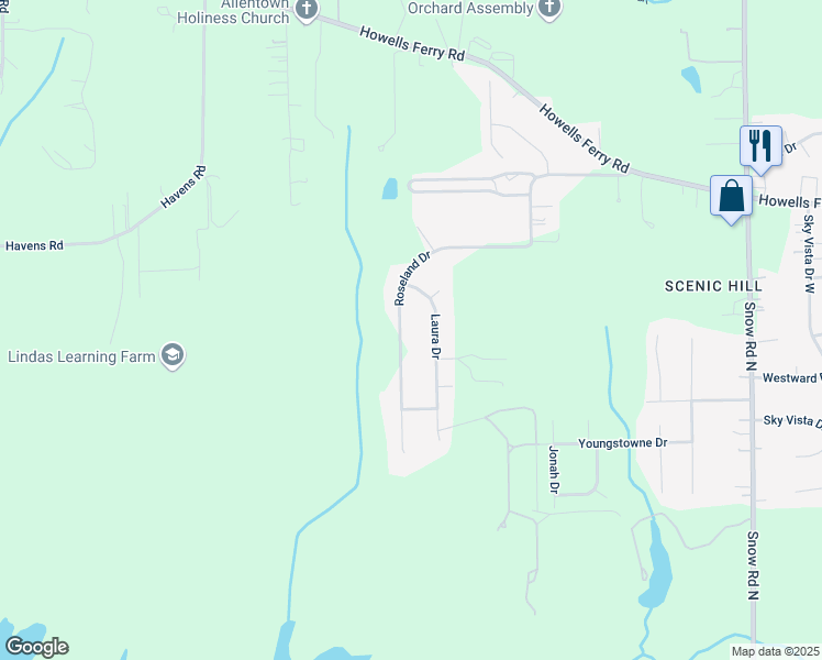 map of restaurants, bars, coffee shops, grocery stores, and more near 2210 Roseland Drive in Semmes