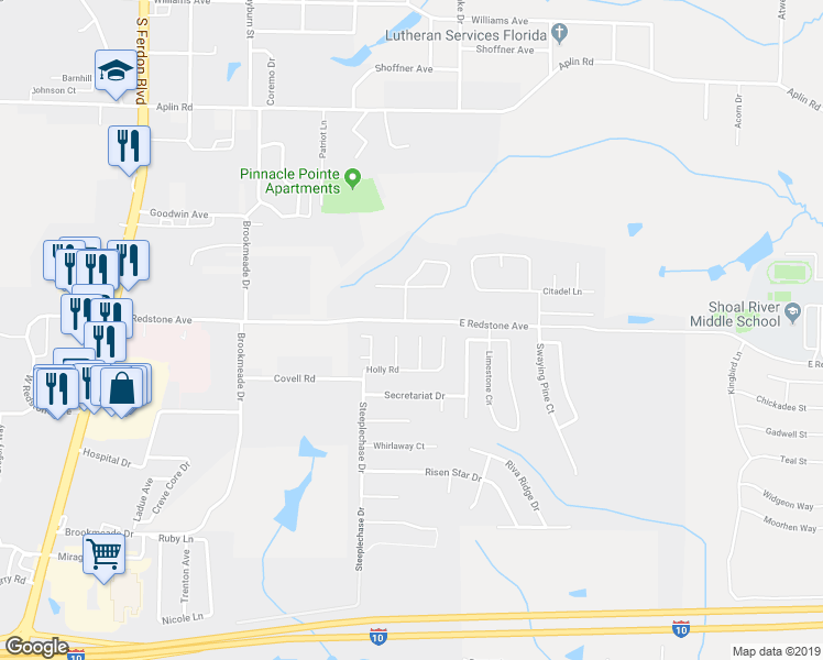 map of restaurants, bars, coffee shops, grocery stores, and more near 34 Regent Road in Crestview