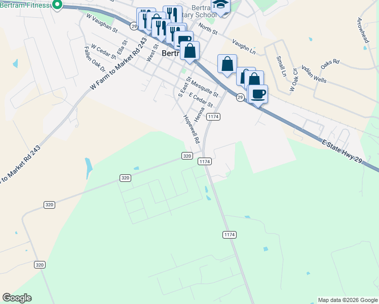 map of restaurants, bars, coffee shops, grocery stores, and more near 104 Easy Street in Bertram