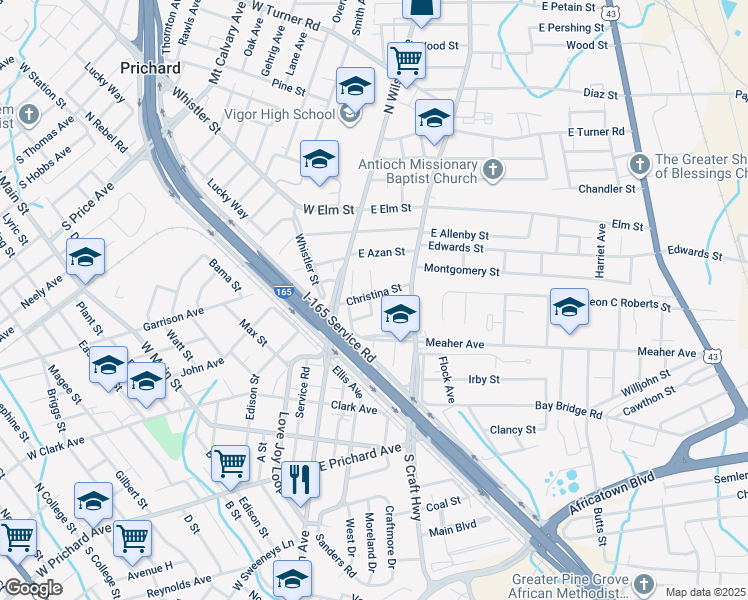 map of restaurants, bars, coffee shops, grocery stores, and more near 142 Christina Street in Prichard