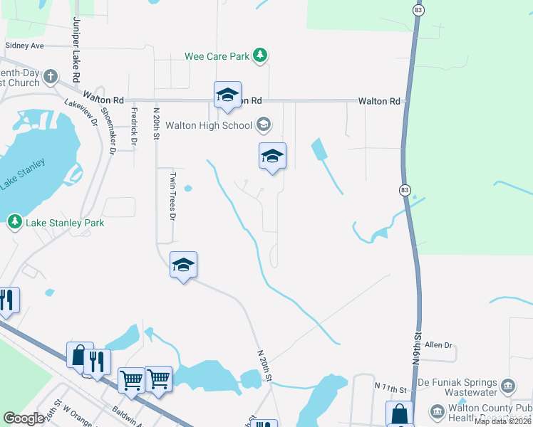map of restaurants, bars, coffee shops, grocery stores, and more near 612 Hunters Ridge Road in DeFuniak Springs