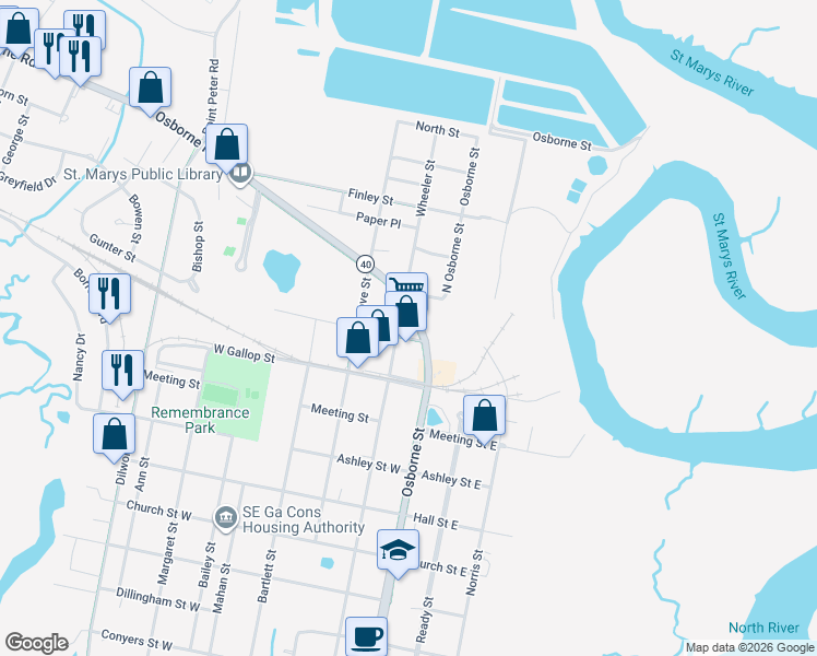 map of restaurants, bars, coffee shops, grocery stores, and more near 1508 Osborne Street in St. Marys
