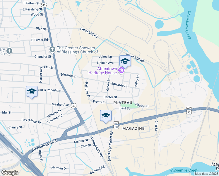 map of restaurants, bars, coffee shops, grocery stores, and more near 2314 Green Street in Mobile