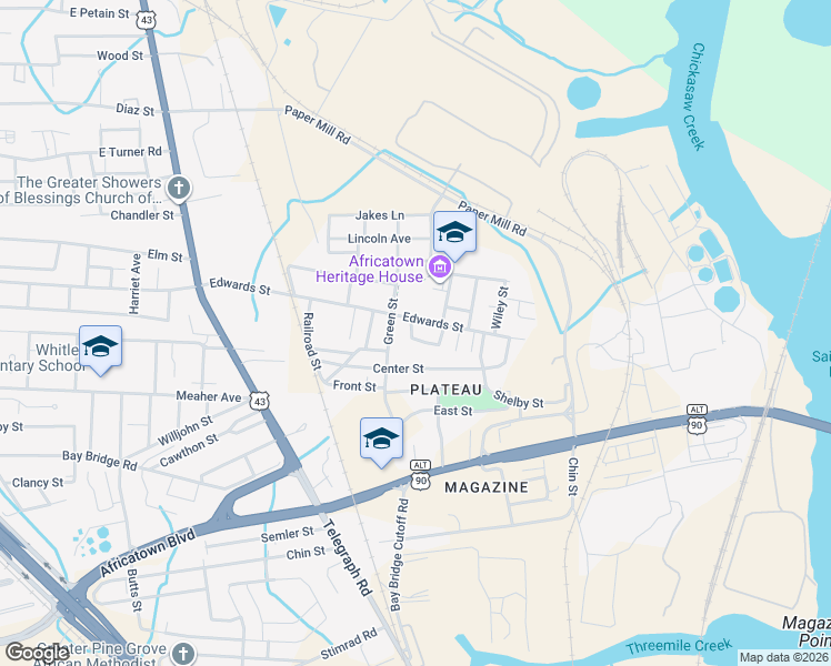 map of restaurants, bars, coffee shops, grocery stores, and more near 802 Wimbush Street in Mobile