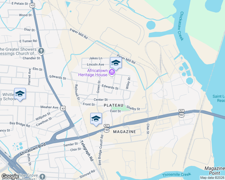 map of restaurants, bars, coffee shops, grocery stores, and more near 802 Wimbush Street in Mobile