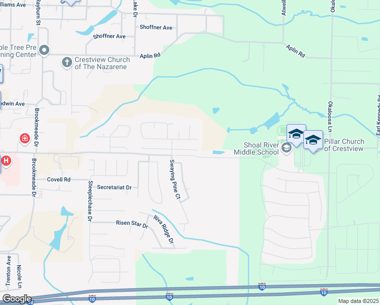 map of restaurants, bars, coffee shops, grocery stores, and more near 171 Iron Horse Drive East in Crestview
