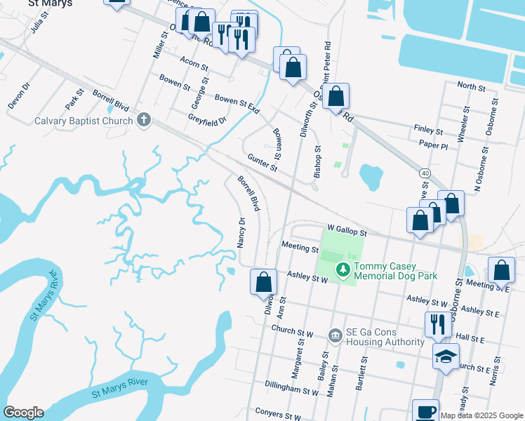 map of restaurants, bars, coffee shops, grocery stores, and more near 126 Borrell Boulevard in Saint Marys
