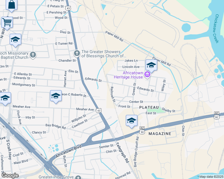 map of restaurants, bars, coffee shops, grocery stores, and more near Railroad Street in Mobile