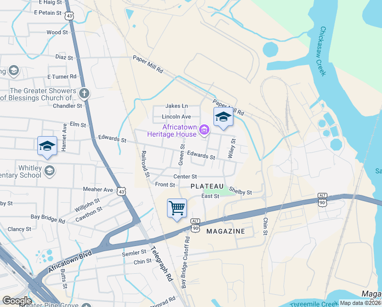 map of restaurants, bars, coffee shops, grocery stores, and more near 858 Edwards Street in Mobile