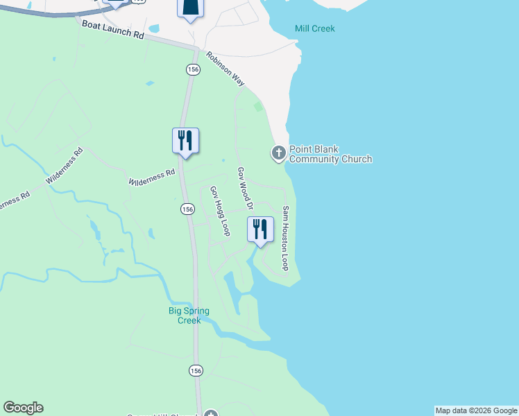 map of restaurants, bars, coffee shops, grocery stores, and more near 437 Governor Wood Drive in Point Blank