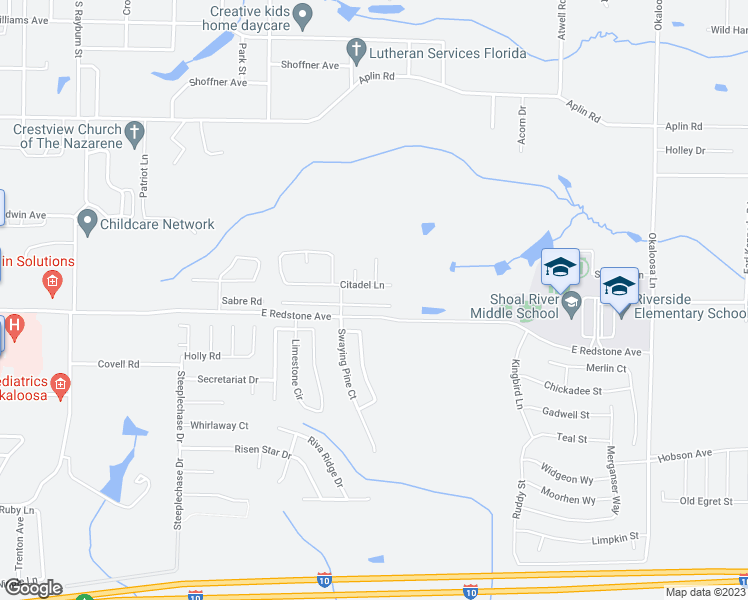 map of restaurants, bars, coffee shops, grocery stores, and more near 156 Iron Horse Drive East in Crestview