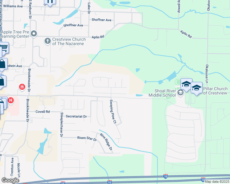 map of restaurants, bars, coffee shops, grocery stores, and more near 122 Iron Horse Drive East in Crestview