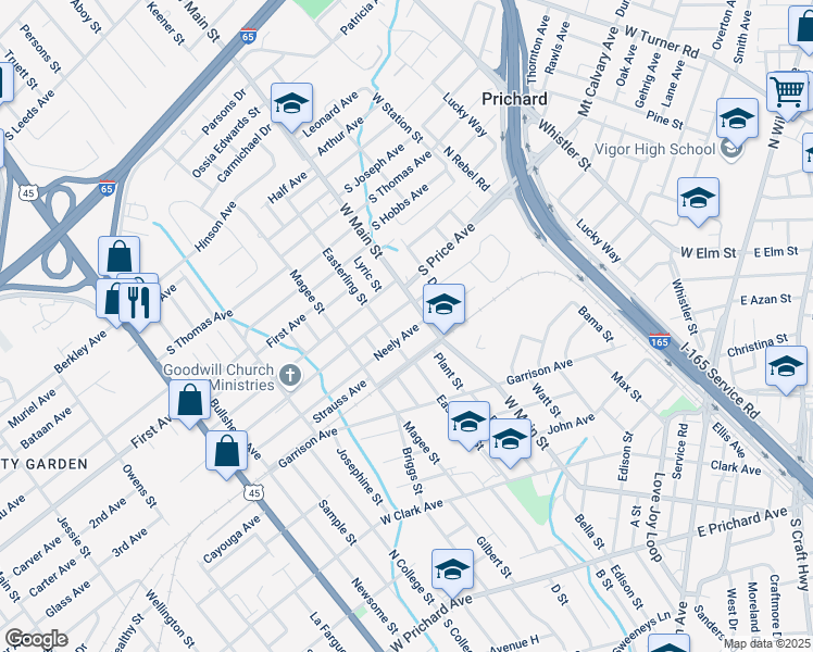 map of restaurants, bars, coffee shops, grocery stores, and more near 1015 West Main Street in Prichard