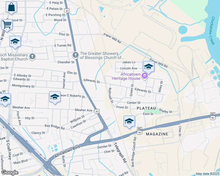 map of restaurants, bars, coffee shops, grocery stores, and more near Railroad Street in Mobile