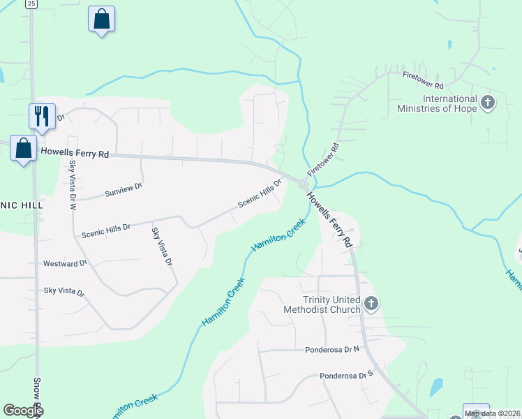 map of restaurants, bars, coffee shops, grocery stores, and more near 9341 Scenic Hills Drive in Semmes