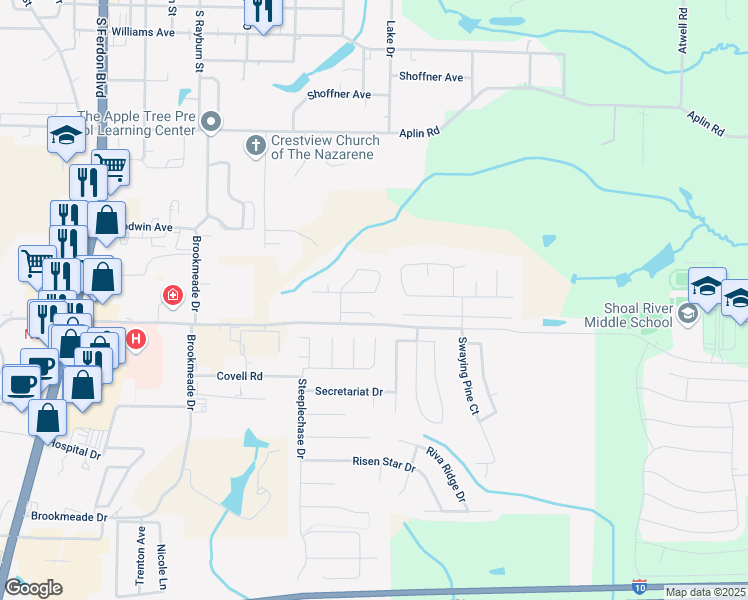 map of restaurants, bars, coffee shops, grocery stores, and more near 131 Bronze Circle in Crestview