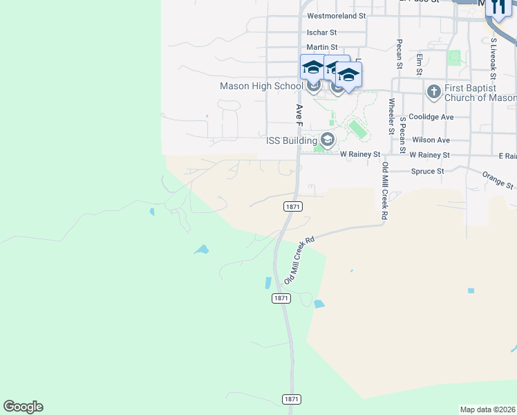 map of restaurants, bars, coffee shops, grocery stores, and more near 1118 Ranch to Market Road 1871 in Mason