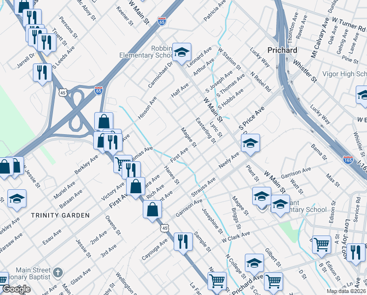 map of restaurants, bars, coffee shops, grocery stores, and more near 906 First Avenue in Prichard