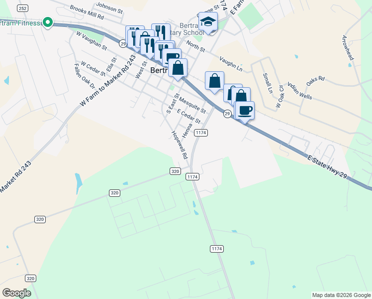 map of restaurants, bars, coffee shops, grocery stores, and more near 555 Hopewell Road in Bertram