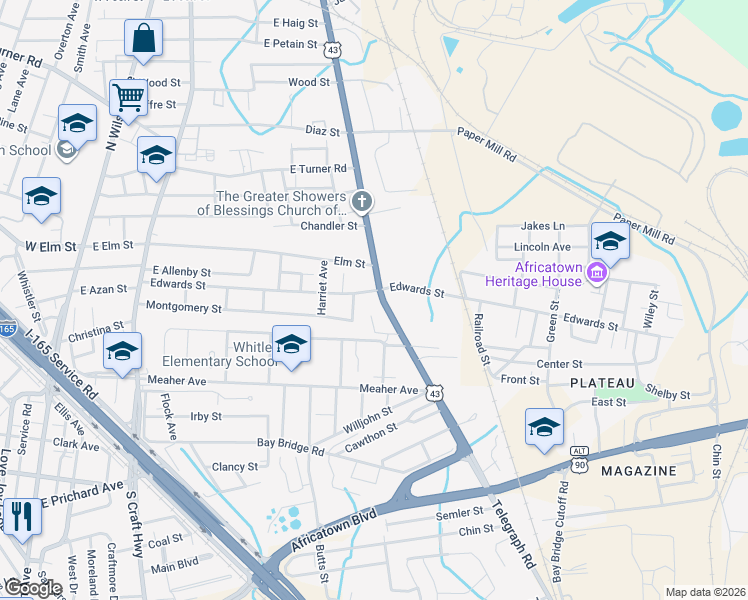 map of restaurants, bars, coffee shops, grocery stores, and more near 419 Telegraph Rd in Prichard
