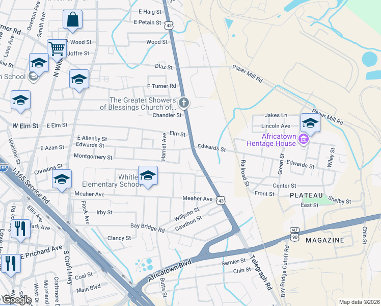 map of restaurants, bars, coffee shops, grocery stores, and more near 419 Telegraph Road in Prichard