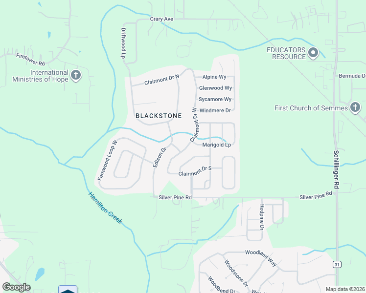 map of restaurants, bars, coffee shops, grocery stores, and more near 2301 Clairmont Drive West in Semmes