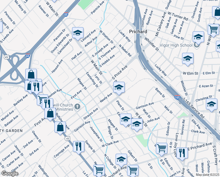 map of restaurants, bars, coffee shops, grocery stores, and more near 1015 West Main Street in Prichard