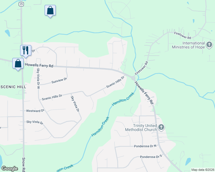 map of restaurants, bars, coffee shops, grocery stores, and more near 9341 Scenic Hills Drive in Semmes