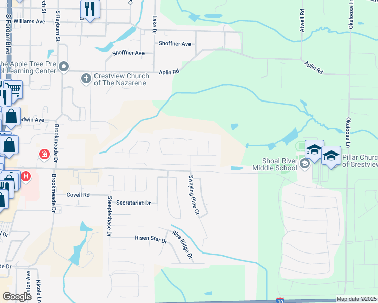 map of restaurants, bars, coffee shops, grocery stores, and more near 100 Citadel Lane in Crestview