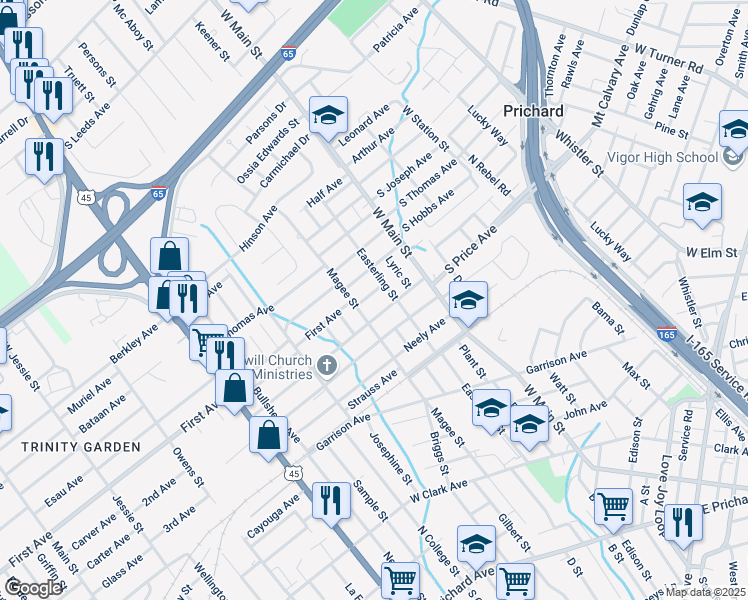 map of restaurants, bars, coffee shops, grocery stores, and more near 719 Sullivan Avenue in Prichard