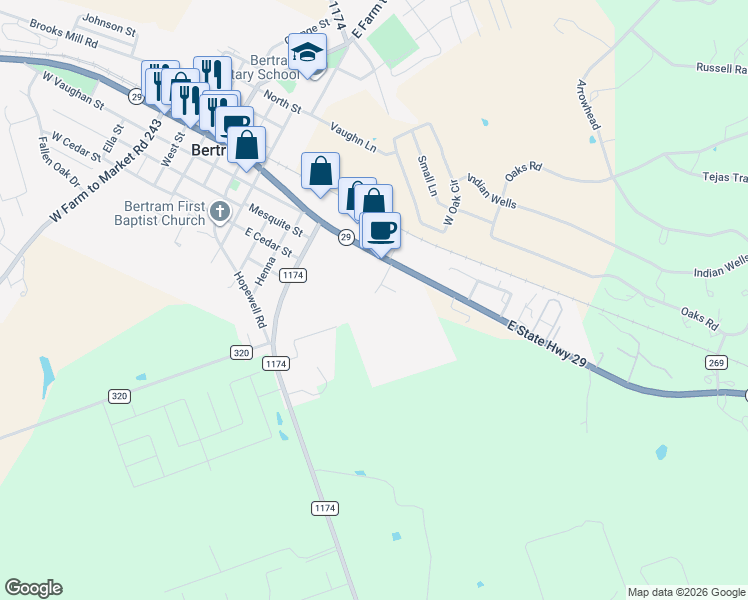 map of restaurants, bars, coffee shops, grocery stores, and more near 115 Castleberry Court in Bertram