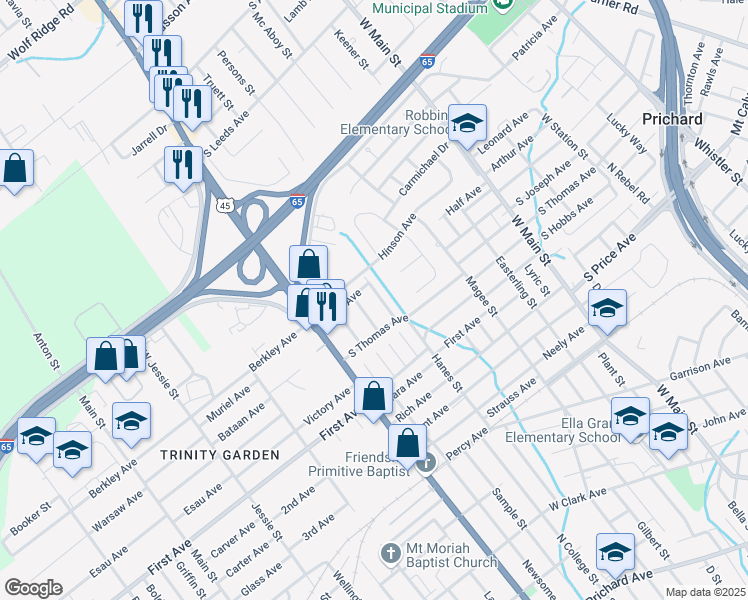 map of restaurants, bars, coffee shops, grocery stores, and more near 2107 Margie Street in Prichard