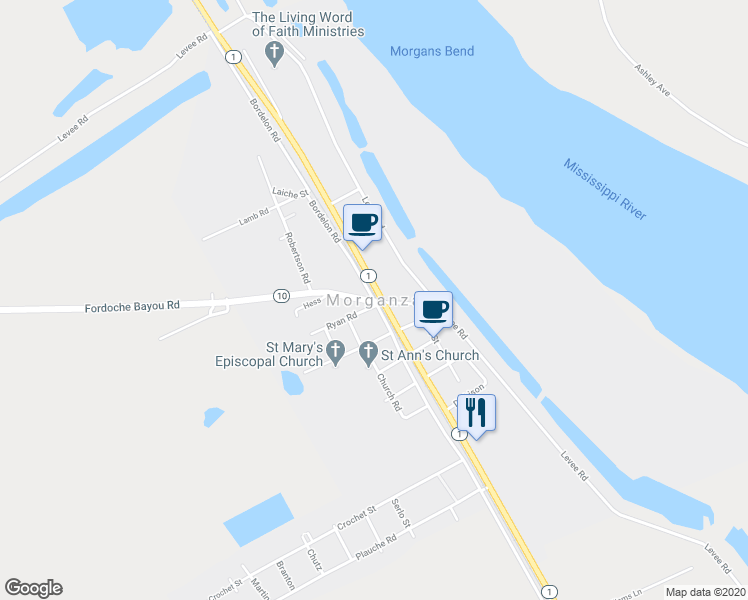 map of restaurants, bars, coffee shops, grocery stores, and more near in Morganza