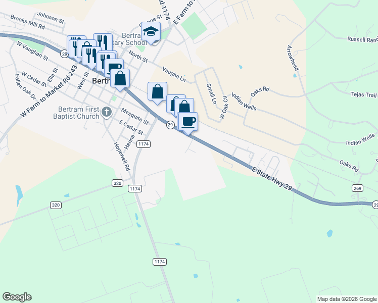 map of restaurants, bars, coffee shops, grocery stores, and more near 115 Castleberry Court in Bertram