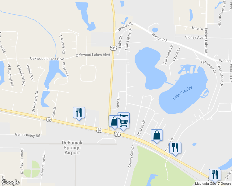 map of restaurants, bars, coffee shops, grocery stores, and more near 189 Aero Drive in DeFuniak Springs