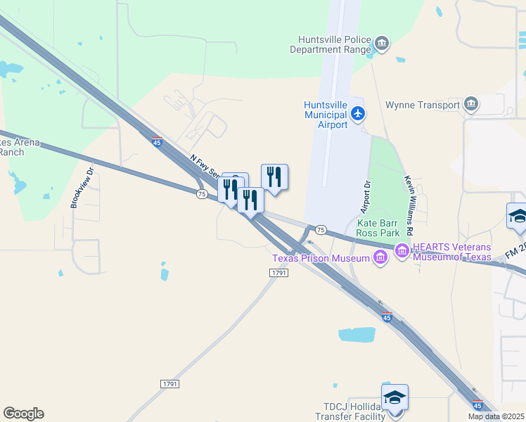 map of restaurants, bars, coffee shops, grocery stores, and more near North Freeway Service Road in Huntsville