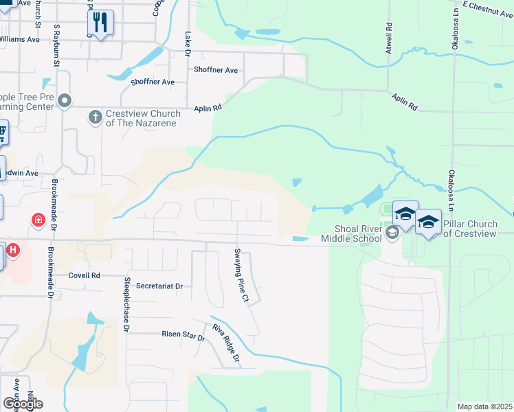 map of restaurants, bars, coffee shops, grocery stores, and more near 407 Plate Drive in Crestview