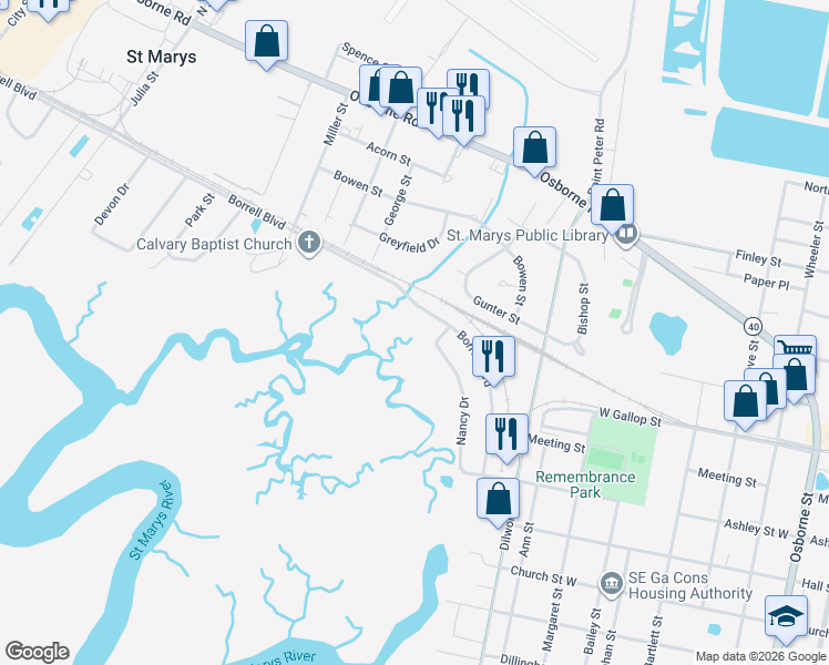 map of restaurants, bars, coffee shops, grocery stores, and more near 103 Nancy Drive in Saint Marys