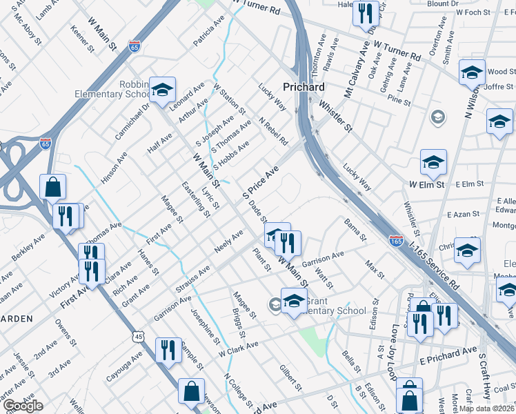 map of restaurants, bars, coffee shops, grocery stores, and more near 1022 Dade Street in Prichard