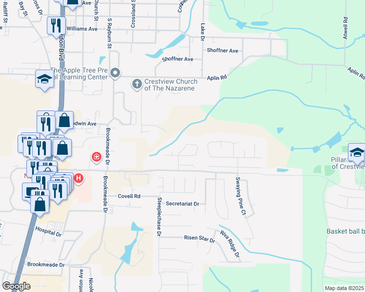 map of restaurants, bars, coffee shops, grocery stores, and more near 109 Bronze Circle in Crestview