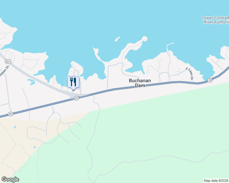 map of restaurants, bars, coffee shops, grocery stores, and more near 17416 Texas 29 in Buchanan Dam