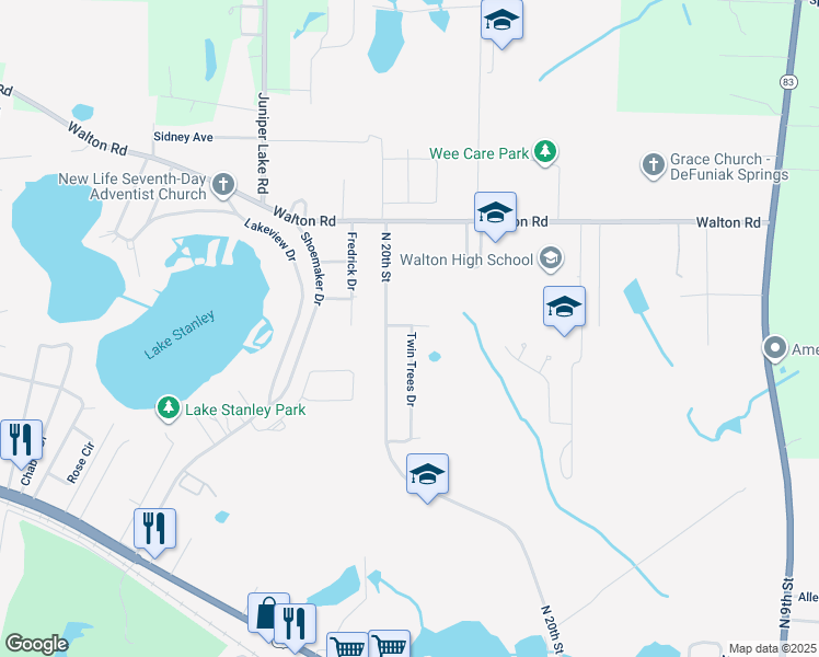 map of restaurants, bars, coffee shops, grocery stores, and more near 1261 North 20th Street in DeFuniak Springs