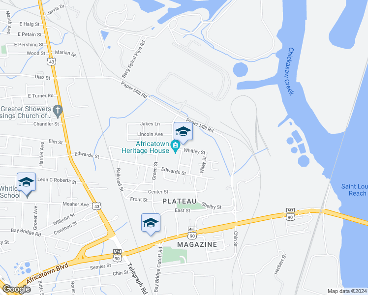 map of restaurants, bars, coffee shops, grocery stores, and more near 800 Whitley Street in Mobile