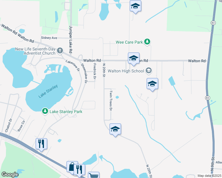 map of restaurants, bars, coffee shops, grocery stores, and more near 0 Twin Trees Drive in DeFuniak Springs