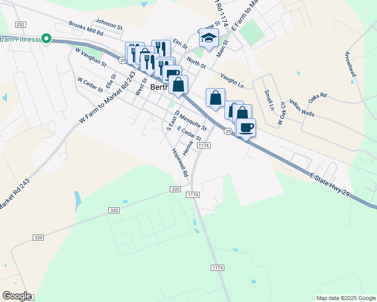 map of restaurants, bars, coffee shops, grocery stores, and more near 501 Willow Street in Bertram