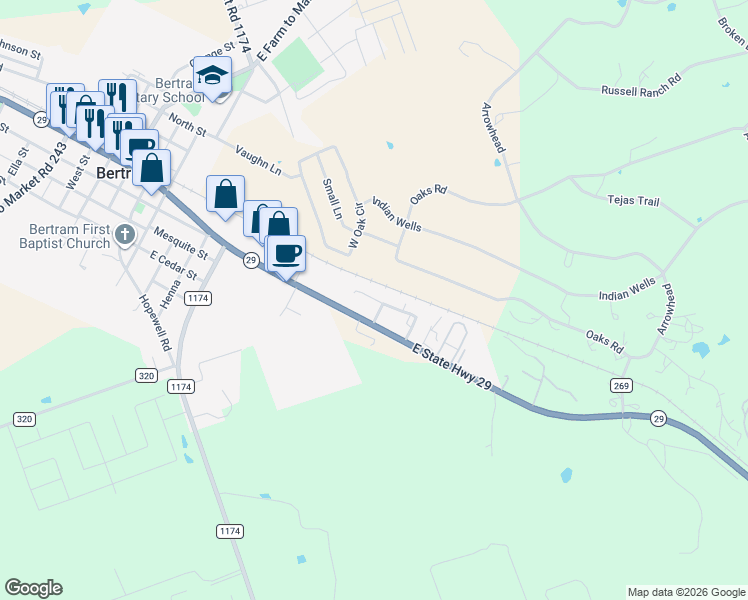 map of restaurants, bars, coffee shops, grocery stores, and more near 38 Reed Circle in Bertram